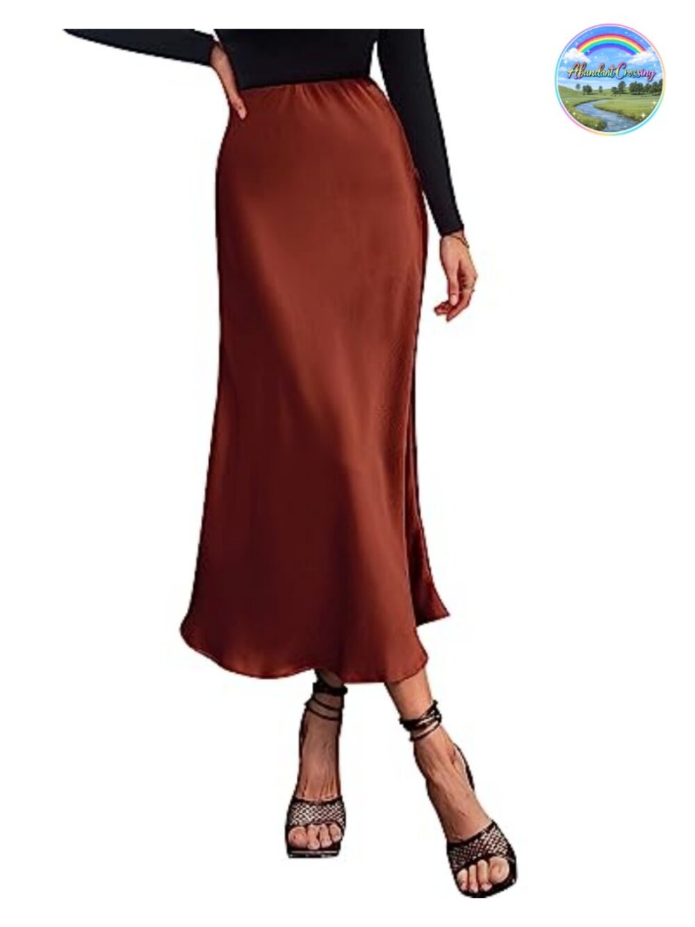 Satin High Waisted A-Line Midi Skirt Ruffle Hem Elastic Waist